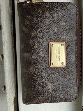 Michael Kors Brown Zip-Around Wallet with Gold Plaque